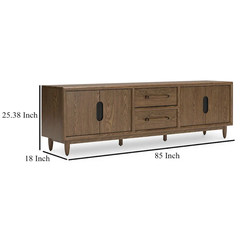 Rohan TV Media Console, 2 Drawers, 2 Shelves, Dark Brown Wood, 85 Inch