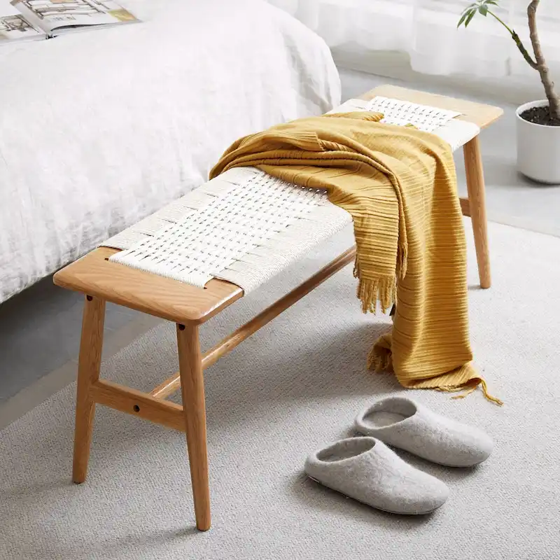 Solid Wood Bench with Woven Cane Seat