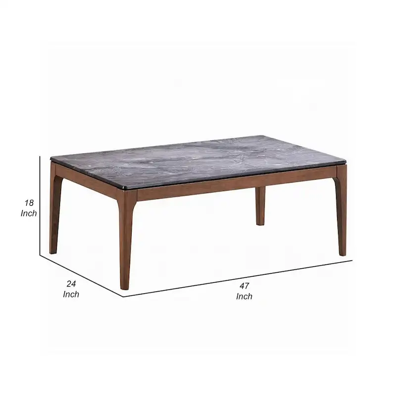 Evis Coffee Table, Rectangular 47 Inch Gray Faux Stone, Brown Wood