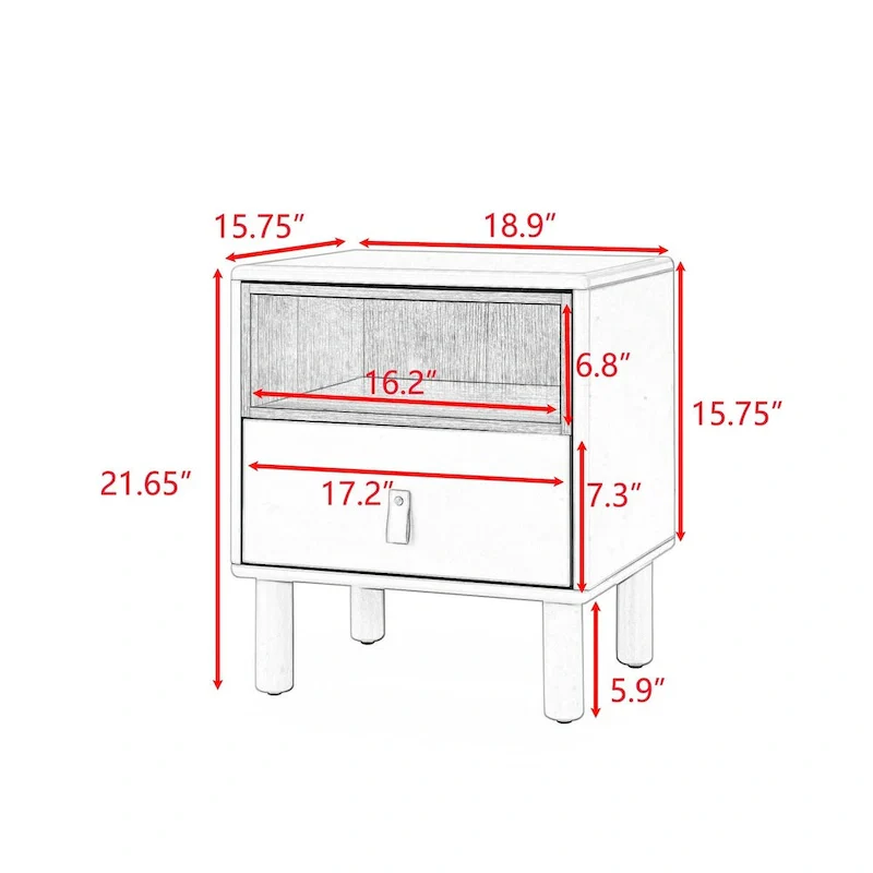 1-Drawer Nightstand with Open Shelf – Green / White, Wood Legs, Single