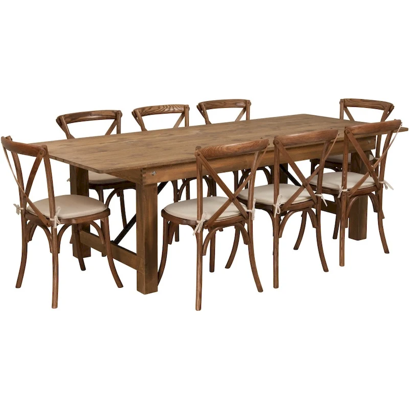 8' x 40 Rustic Folding Farm Table Set with 8 Cross Back Chairs and Cushions
