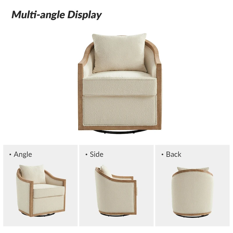 Oswald Jess Farmhouse Solid Wood Edging Swivel Barrel Chair with Toss Pillows by HULALA HOME