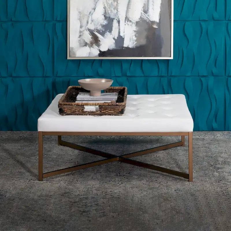 Metal and Tufted Leather Large Cocktail Ottoman