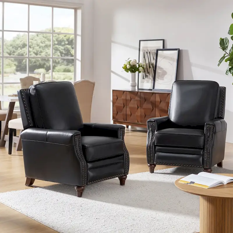 Cigar Mid-century Modern Genuine Leather Recliner with Nailhead Trim Set of 2 by HULALA HOME
