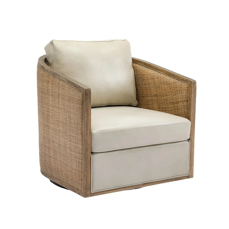 Boucle/Leather Upholstered 360 Degree Swivel Round Barrel Club Chair