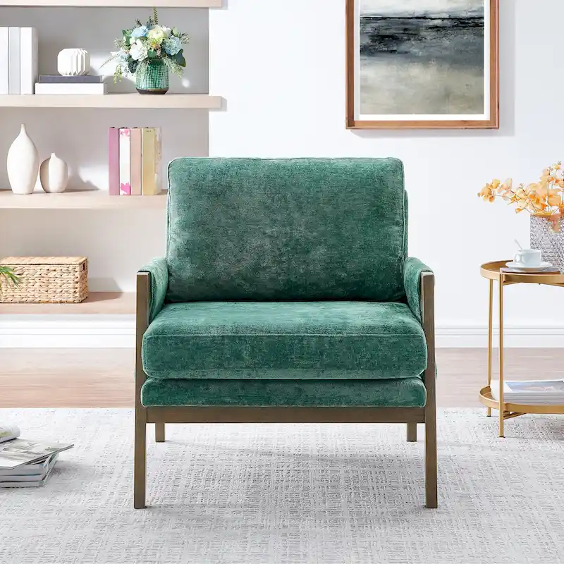 Green 35.4 Velvet Arm Chair with Solid Rubber Wood Frame