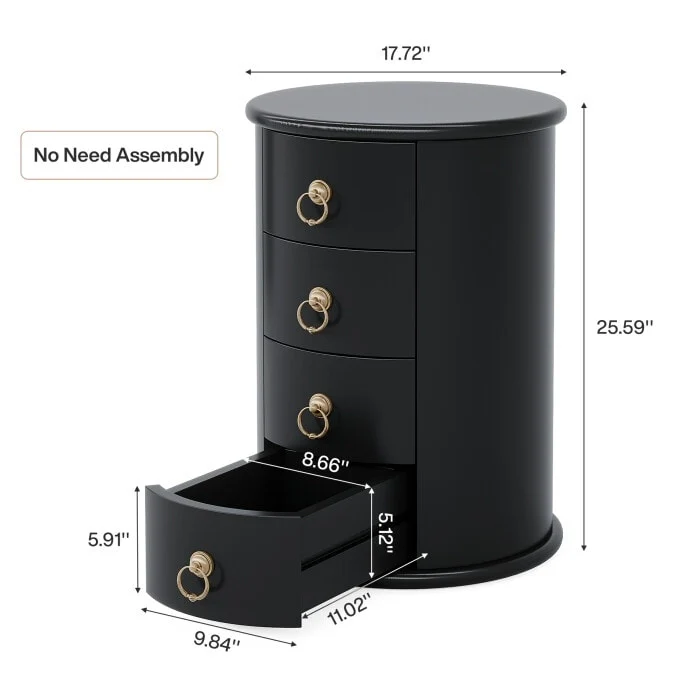 No Assembly Round Solid Wood End Table, Small Side Table with Drawers