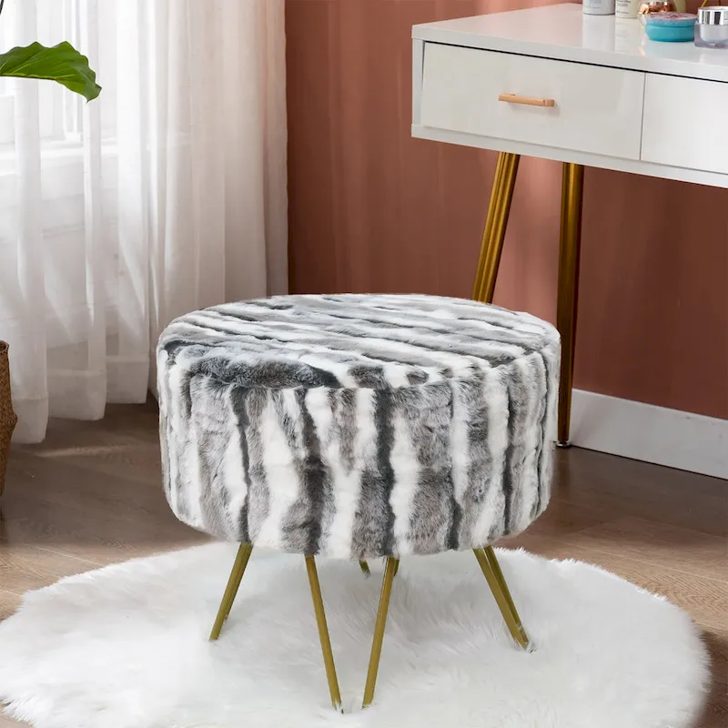 Home Soft Things Multi Jacquard Fauxfur Round Ottoman