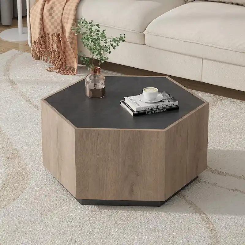 Hexagonal Coffee Table, Scratch Resistant Center Table with Drawers