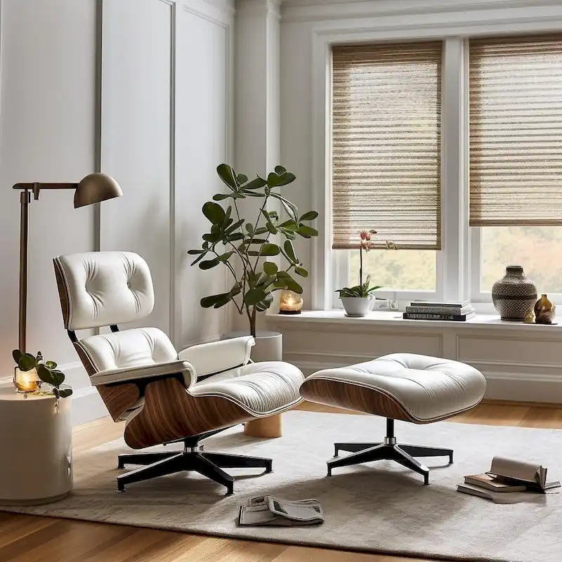 Mid-century Full Grain Leather Accent Chaise Lounge Chair and Ottoman