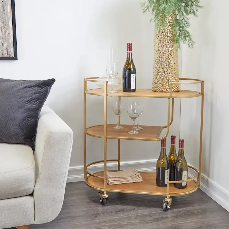 Wood Rolling 3 Shelves Bar Cart with Handles - Gold - 15W x 30L x 30H