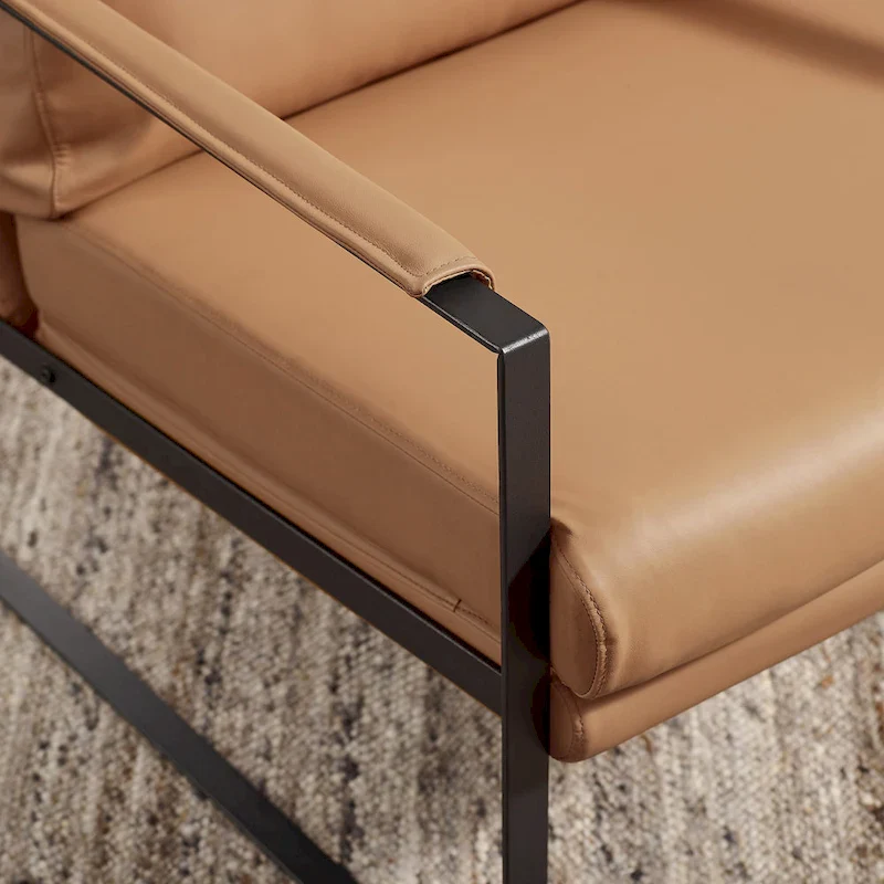 Mid-Century Leather Accent Chair, Brown/Khaki, Metal Frame, Seats 1