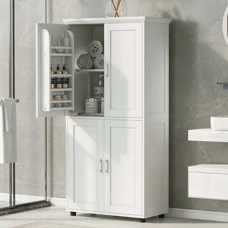 Tall and Wide Bathroom Freestanding Floor Storage Cabinet with 4 Doors, Adjustable Shelves