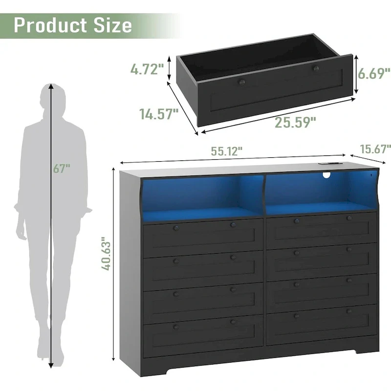 Modern Wood Dresser with 8 Drawers, Bedroom Dresser with Charging Station & LED Lights