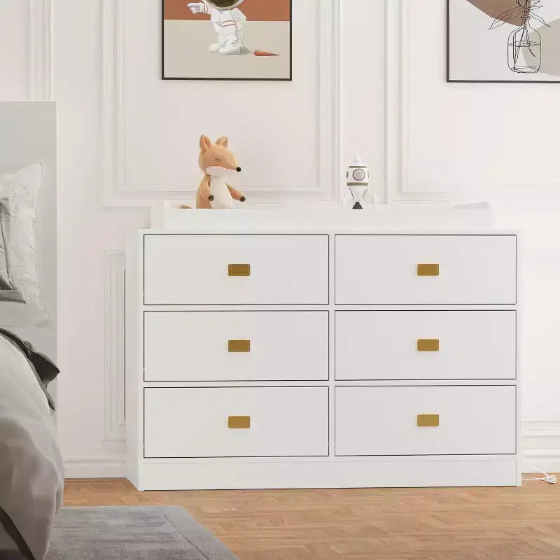Dresser for Bedroom with 6 Drawers, Changing Table Dresser, Soft Pad & Removable Top, Baby Dressers with Changing Table Top for Nursery, White