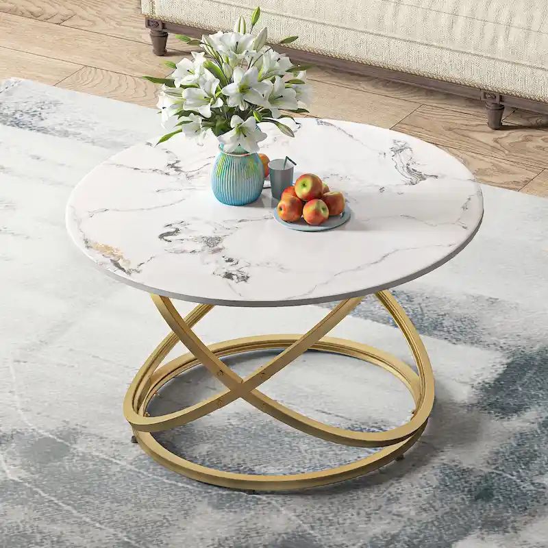 Myhozm Accent Round Glass/Stone Top Coffee Table with Metal Base