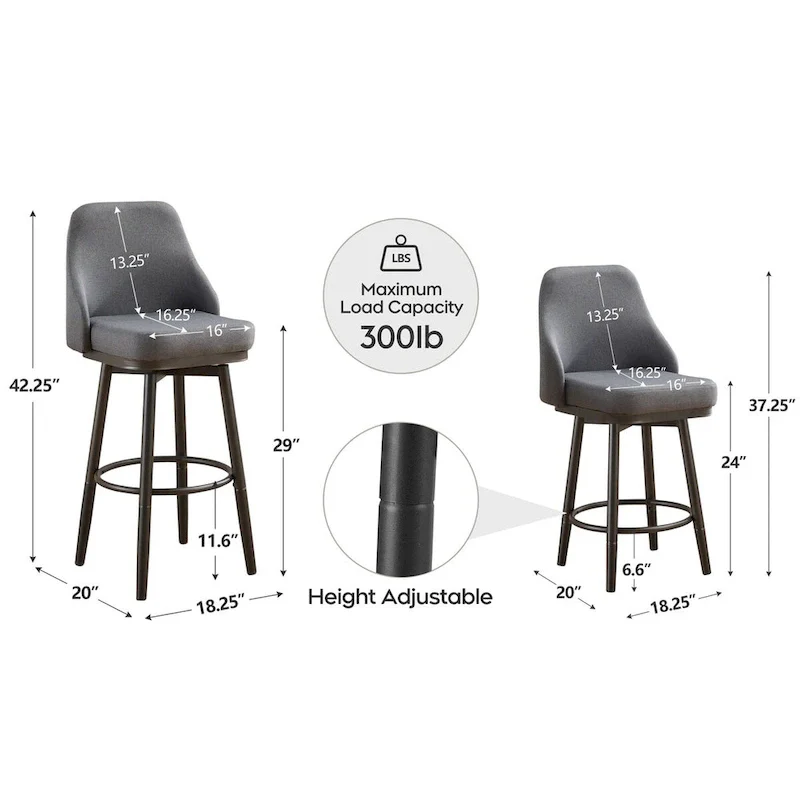 Bar Stools Set of 2 Chenille Adjustable Counter Height Swivel Bar Stools with Back Metal Leg,24 to 29 Inch,Light Gray