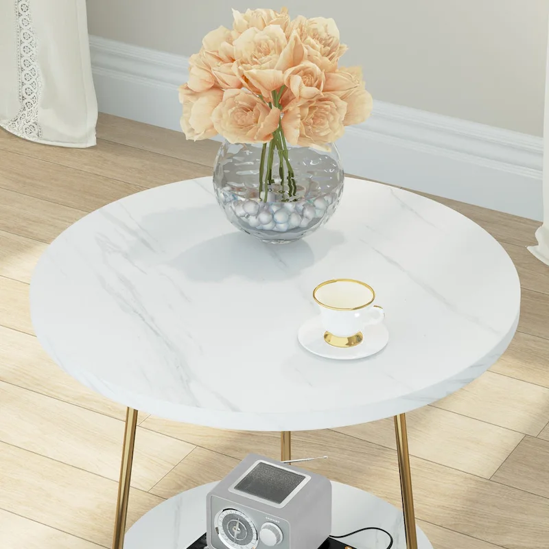 Marble Gold End Table Side Table with Shelves