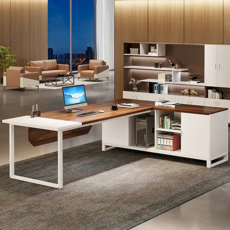 L-Shaped Computer Desk with File Cabinet | White/Black/Grey/Beige | 2-Person