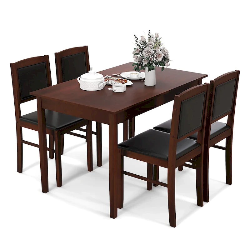 Gymax 5 PCS Dining Table Set for 4 w/Rubber Wood Legs Upholstered Seat