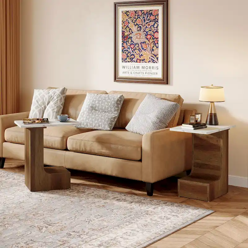 2-Tier C-Shaped Sofa Side Table, Bedside End Table with Faux Marble Tabletop, C Table for Sofa, Bedroom, Living Room