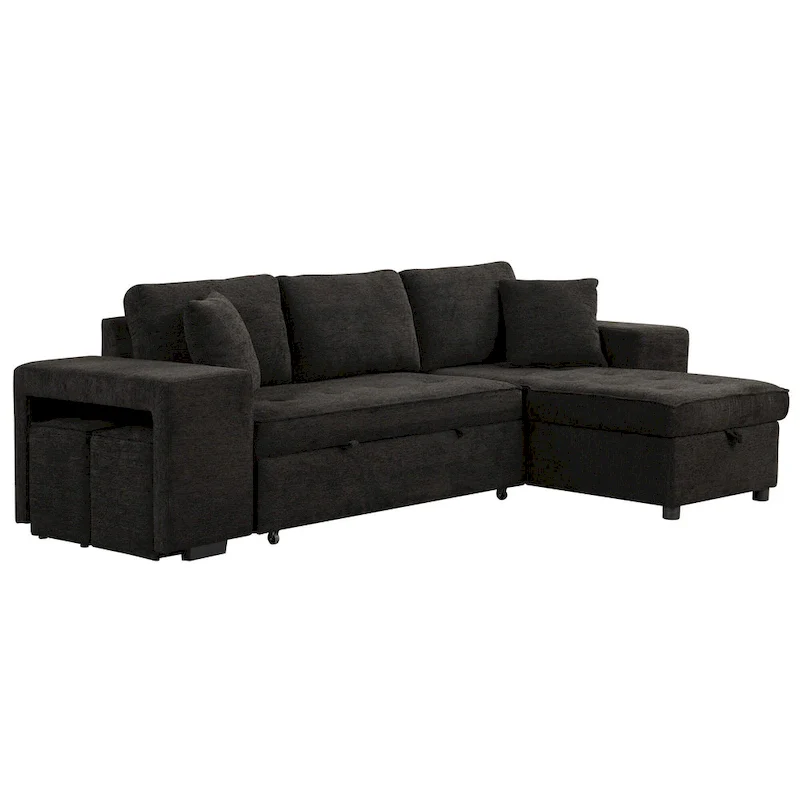 Roomfitters 3-Seater Modern L-Shape Reversible Sectional Couch, Pull-Out Sleeper Sofa with Storage Chaise and Two Stools