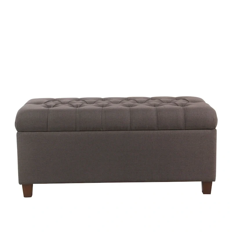 Button-Tufted Storage Bench, Charcoal, Hinged Lid, Walnut Legs, Seats 1-2