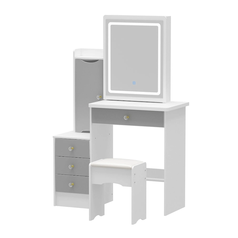 Makeup Vanity Set with Sliding Lighted Mirror & Stool - Hidden Shelves - 33L x 15.7W x 52.4H