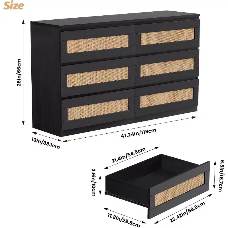 Acekool 6 Drawer Rattan Dresser, Slim Storage Chest for Bedroom, Living Room, Entryway