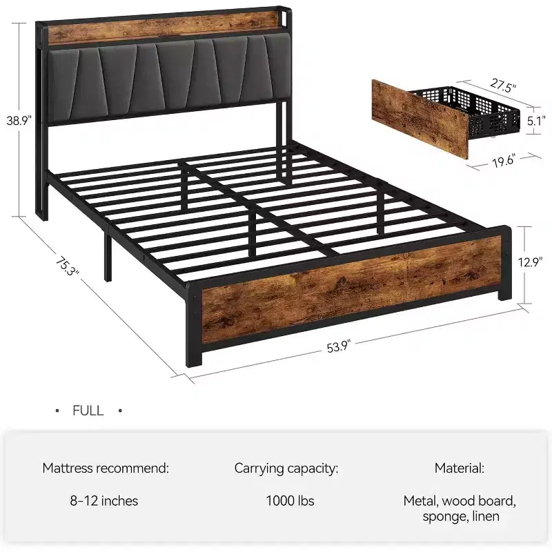 Storage Headboard with Charging Station,Platform Metal Bed Frame with 4 Storage Drawers,No Box Spring Needed, Noise Free, Easy Assembly,Vintage Brown
