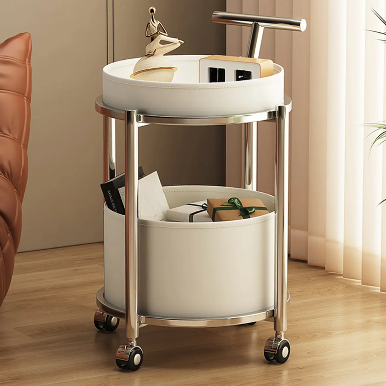 Convenient 2 Tiers Orange Cylinder Leather Side Table