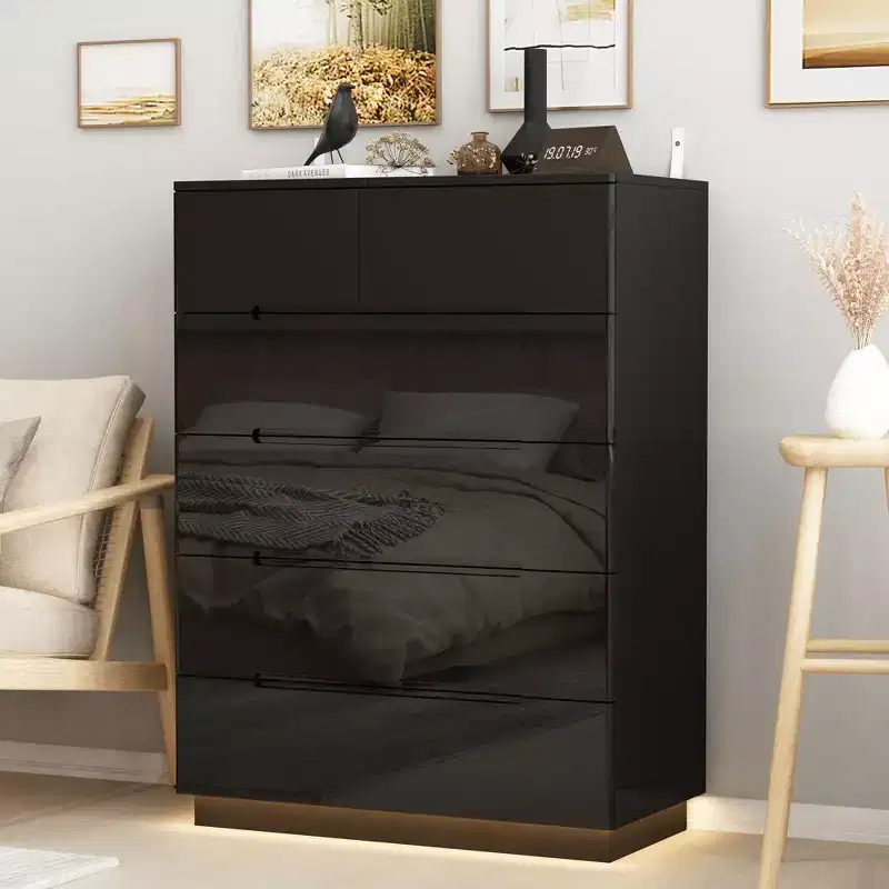 Hitow High Gloss 5 Drawer Dresser with Underlight Concealed Handle Chest of Drawers
