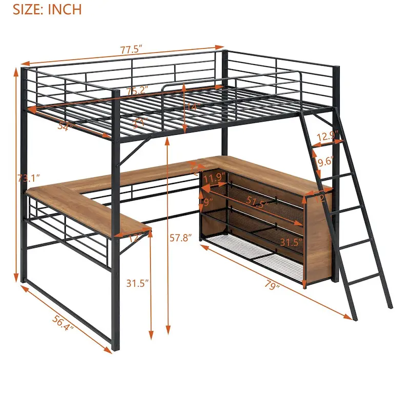 Metal Loft Bed with L-shaped Desk and 3 Layers of Shelves, Reversible Ladder