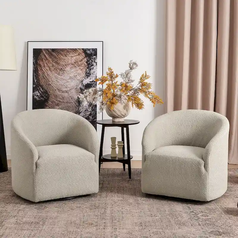 KINWELL 32 W Boucle Upholstered Swivel Barrel Armchair (Set of 2)