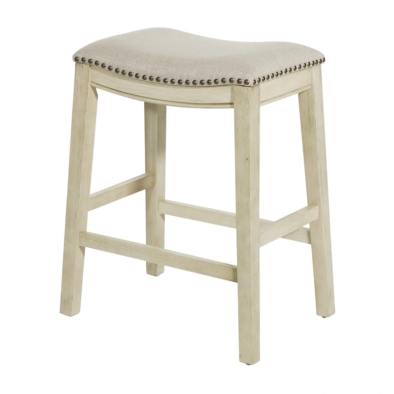 OSP Home Furnishings Metro Antique White and Beige Upholstered 24-inch Saddle Bar Stool (Set of 2)