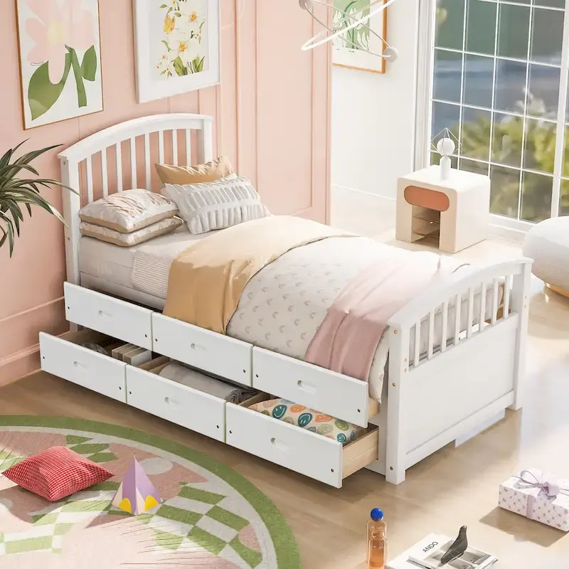 Twin Size Platform Storage Bed Solid Wood Bed with 6 Drawers