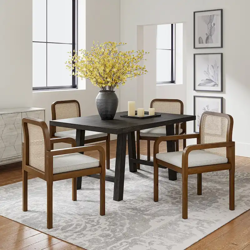 Modern Rattan Back Dining Chair with Removable Cushion - Rubber Wood Frame, Linen Upholstery