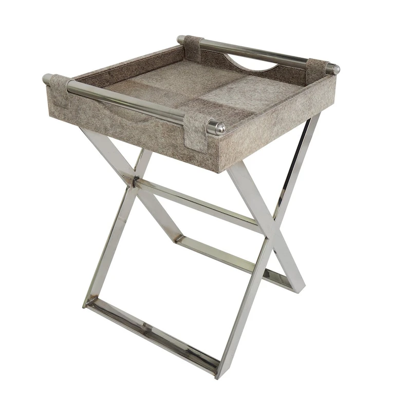 Leather Tray Table Side End Accent Table with Diagonal Silver Legs and Handles - Grey - Roche River Decor