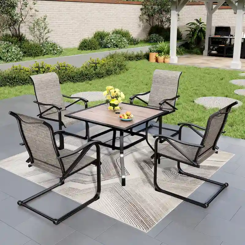 5-Pieces Patio Dining Set, Including 1 Steel Frame Table with Umbrella Hole and 4 C spring Patio Chair