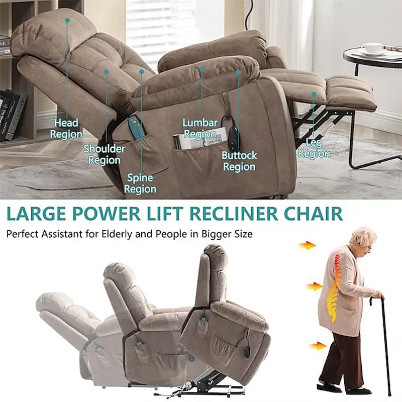 Power Lift Recliner, Massage & Heat, Velvet, 8-Point Massage, Cup Holder, Reclines 160°, Seats 1, Light/Dark Brown