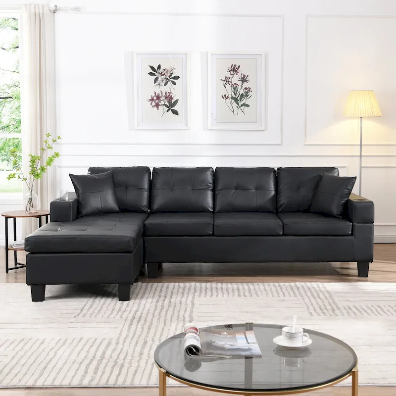 Black 96.06 Modern L-Shaped 4 Seater Sectional Sofa with Chaise Lounge, Cup Holders, and Throw Pillows