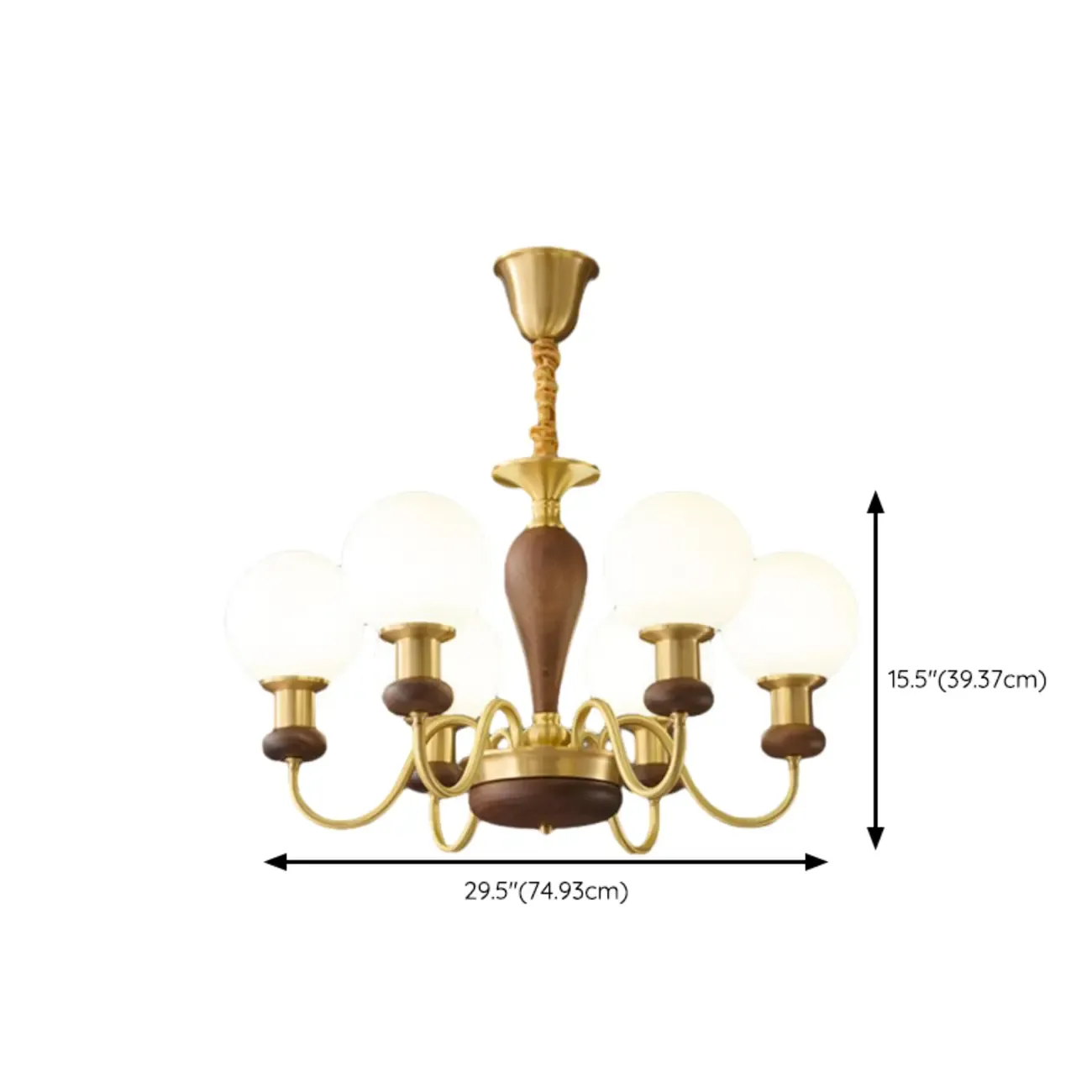 Mid-Century Brass Wood Chandelier with Globe Glass Shade