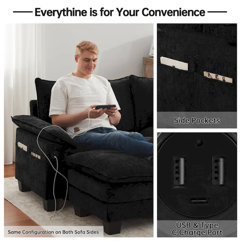 144 Modular Compression Sofa Set Convertible Sectional Sleeper Couch with 2 Ottomans