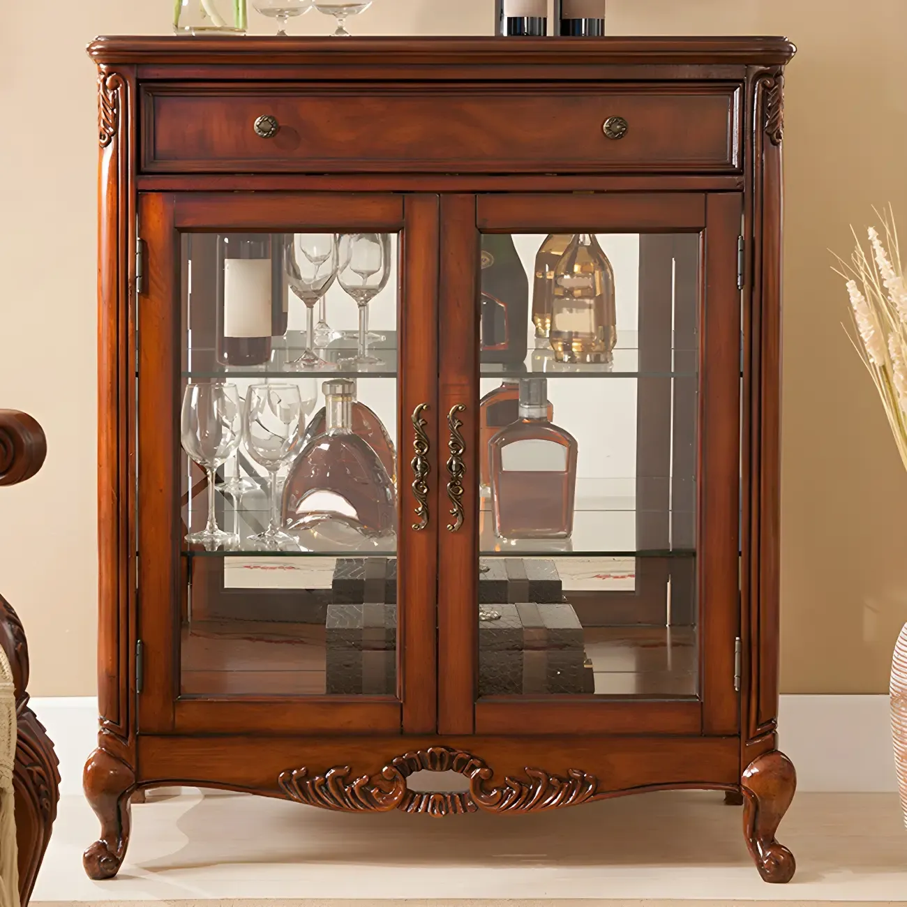 Traditional Wood Brown Glass Shelf Display Cabinet
