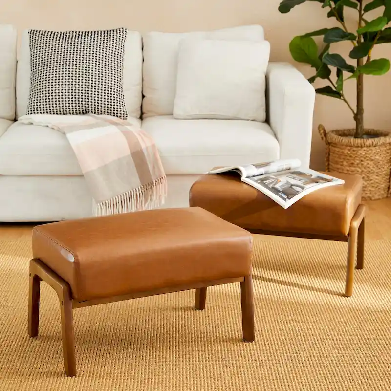 Glitzhome Set of 2 Mid-century Leatherette Ottoman Accent Stools