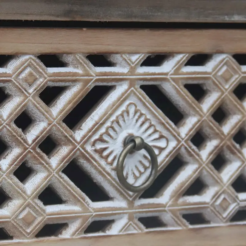 Farmhouse Nightstand with Cutout Carved Drawer and Open Display Shelf, Distressed Accent Table