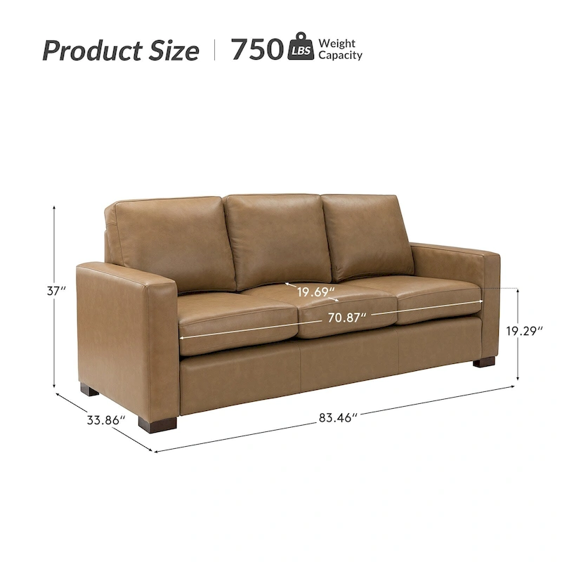 Ernando 83.46 Wide Genuine Leather Sofa with Squared Arms and Pillows
