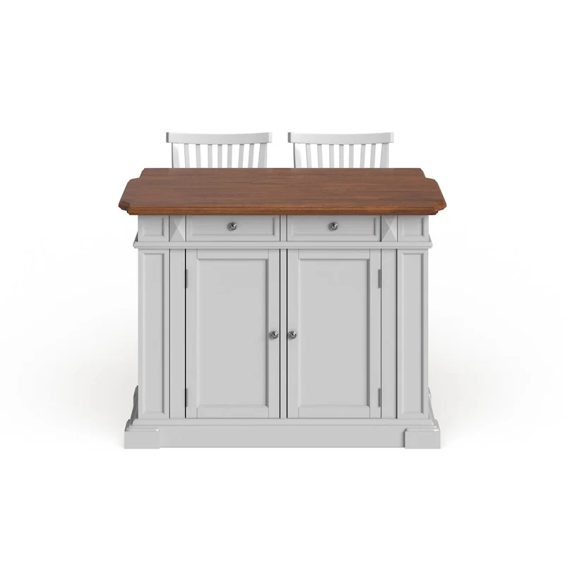Homestyles Americana Distressed Off-White Oak Kitchen Island Set with Two Counter Stools