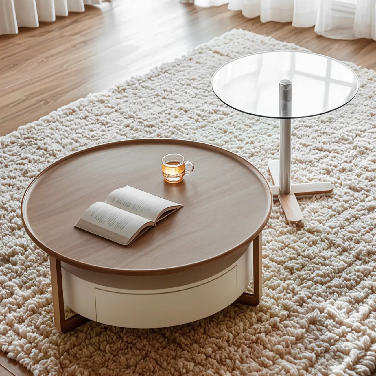 Modern Round Wooden Top Coffee Table with Drawer