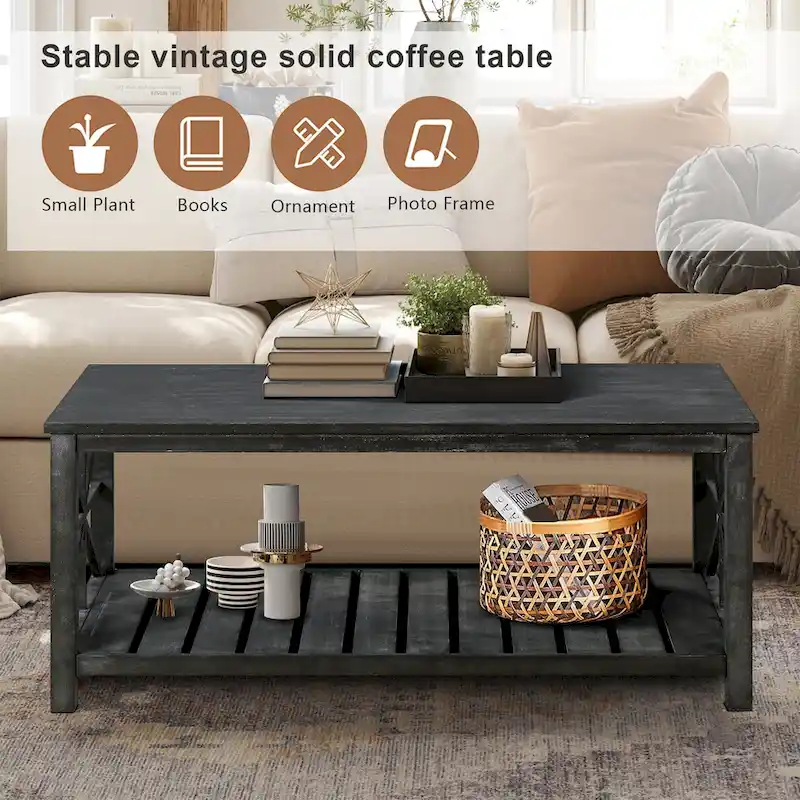 Open Shelf Coffee Table – Antique Black / Brown, Handcrafted Wood, Single